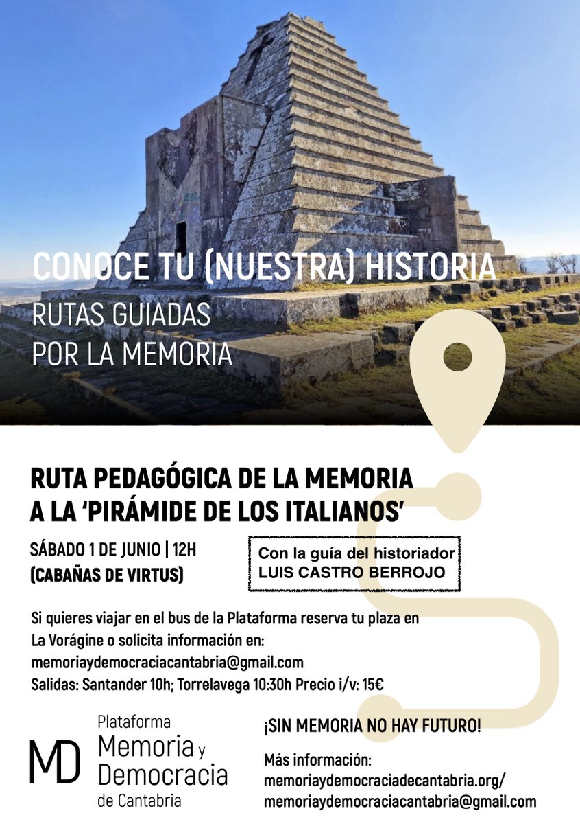 Tenemos nueva cita con la memoria. El sábado 1 de junio, a las 12h, nos encontraremos en Cabañas de Virtus en la Ruta de la 'Pirámide de los italianos', con Luis Castro Berrojo.  Hay autobús disponible desde Santander y Torrelavega