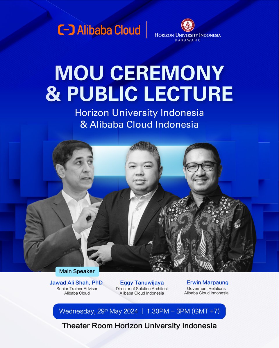 Empowering the future through knowledge and innovation! Honored to host the MoU Ceremony and Public Lecture with #AlibabaCloud on 'Cloud Technology for Education and #FutureIndustry' featuring Jawad Shah, Ph.D. (Alibaba Cloud Training Advisor). At Horizon University Indonesia