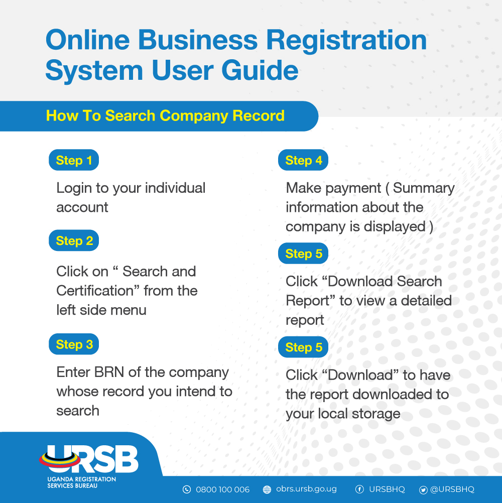 Ever wondered how to search a company record on OBRS? 🔗 Visit: obrs.ursb.go.ug/search. Follow our step-by-step guide here 👇: #BusinessRegistrationUG.