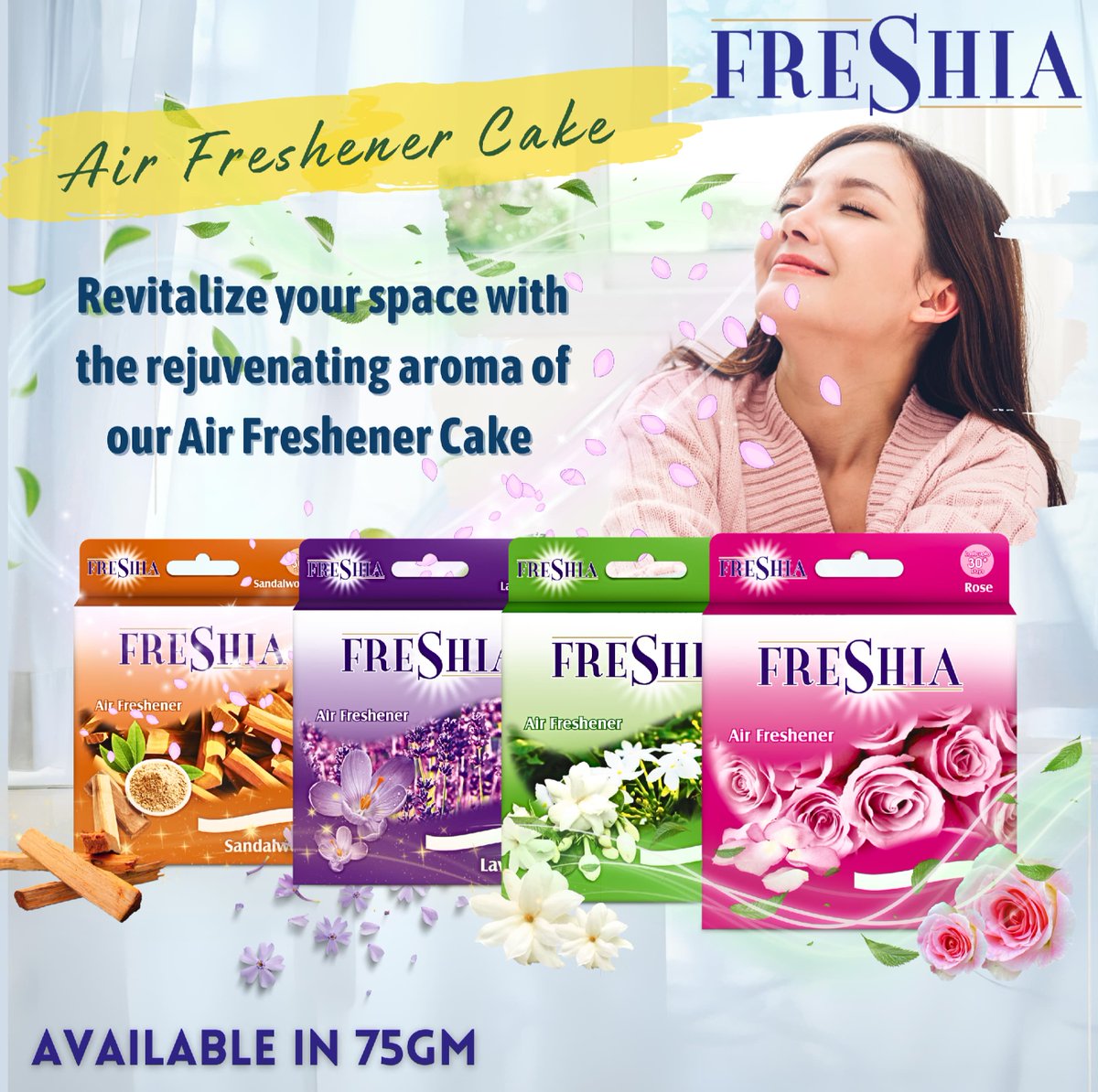 Revitalize your space with FRESHIA Air Freshener Cake. Indulge in the soothing and rejuvenating aroma of Sandalwood, Rose, Jasmine, and Lavender.
Available in 75gm
 #onestbrands #branding #freshia #airfreshener #airfreshenercake #airfreshner  #fmcg #fmcgproducts #exporter