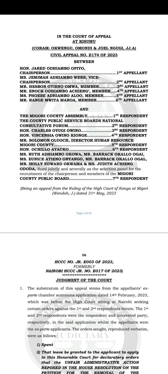 #hotoffthebench COA (Kisumu bench😍) overturns the problematic finding that if one approaches JR through order 53, the court can only issue prerogative writs and not declaratory orders. In a proper interpretation of the COK and FAA, COA holds that remedies are not limited (1)