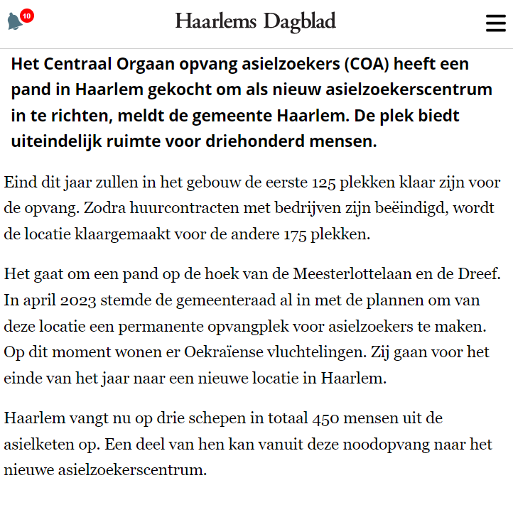 Hier gaat uw belastinggeld dus naartoe.👇

Het Centraal Orgaan opvang asielzoekers (COA) heeft een pand in Haarlem gekocht om als nieuw asielzoekerscentrum in te richten, meldt de gemeente Haarlem. De plek biedt uiteindelijk ruimte voor driehonderd mensen.
