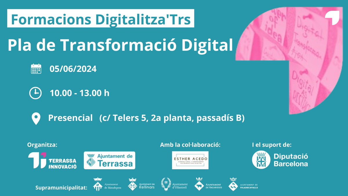 Dimecres 0⃣5⃣/0⃣6⃣ tenim a Esther Acedo explicant-nos com fer un Pla de Transformació Digital

Consulta el programa sencer i reserva la teva assistència ara 👉
terrassainnovacio.cat/2024/05/10/pla…

@ajterrassa @Trsempresa @trsuniversitats @pepforn