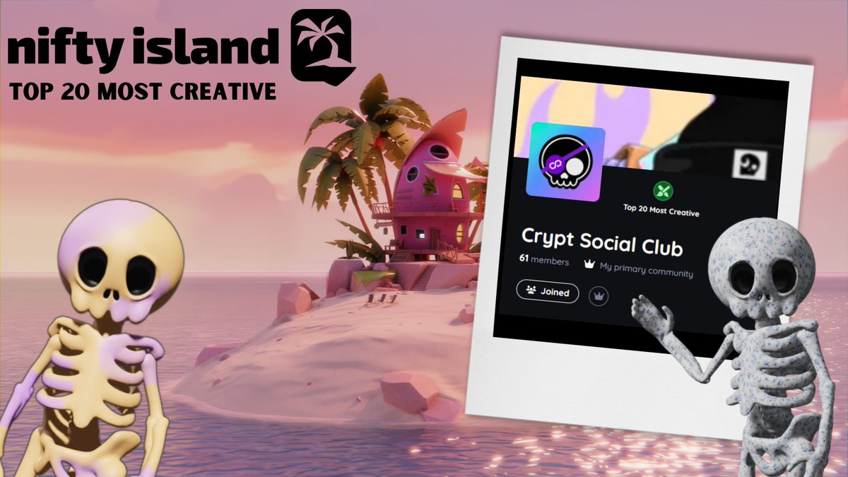 Hey @Nifty_Island, thanks for this cool badge! 🎉 It's an honor to be among the top 20 most creative communities on the platform! Big shoutout to our incredible investors and talented artists! 💀🎨 #cryptsocialclub #niftyrebels