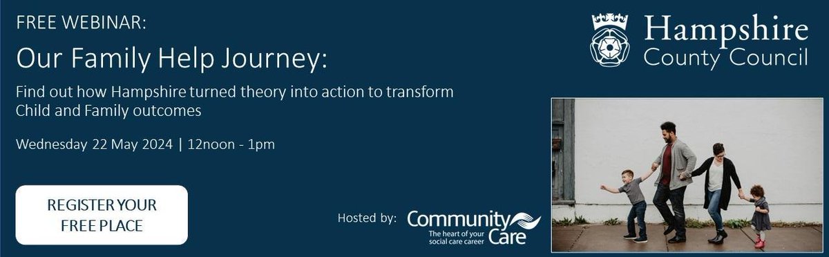 There's still time to join @CommunityCare and @hantsconnect for next week's webinar on Our Family Help Journey: Find out how Hampshire turned theory into action to transform Child and Family outcomes. Find out more and register your FREE place today bit.ly/4bh2vGb