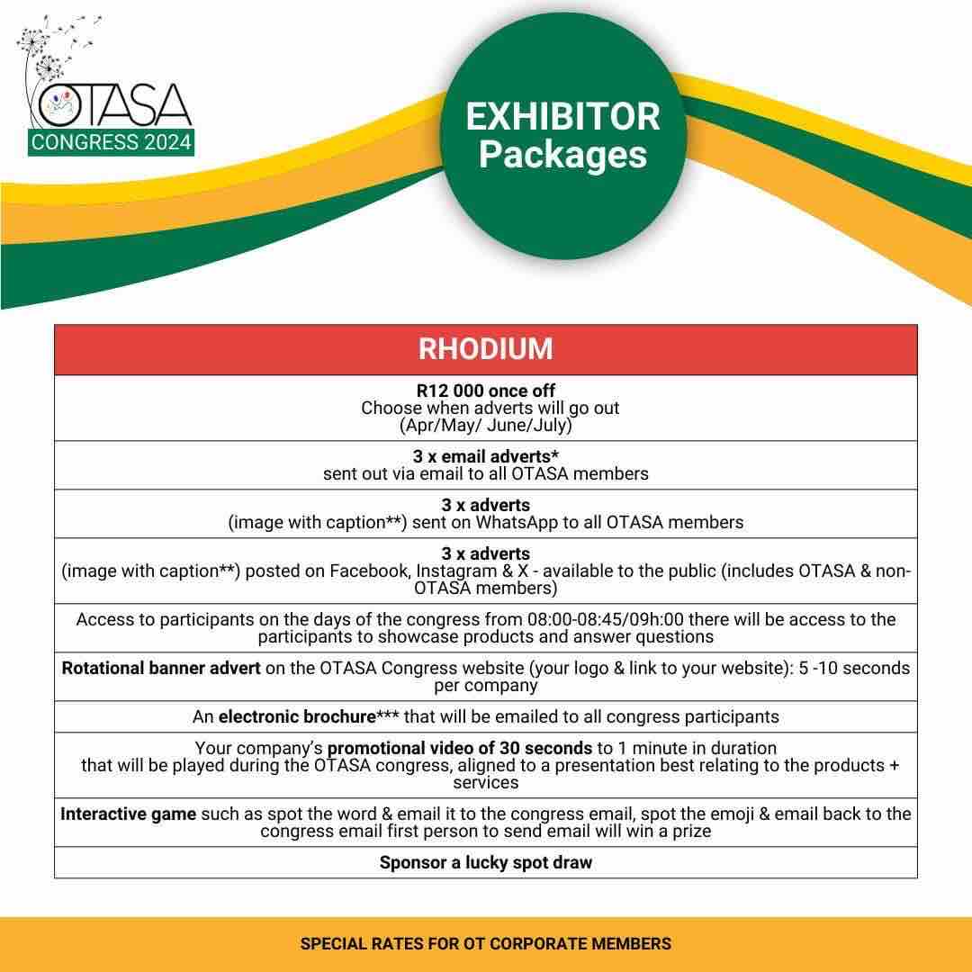 confco's tweet image. If you would like to be sponsor or exhibitor at the #OTASA2024 Congress, please take a look at our #sponsorship packages to help you grow your businesss &amp;amp; be part of the OTASA Congress!

Choose between 3 options to suit your budget!

RATES: otasa.org.za/congress-2024/…
#OT #OTASA #SA