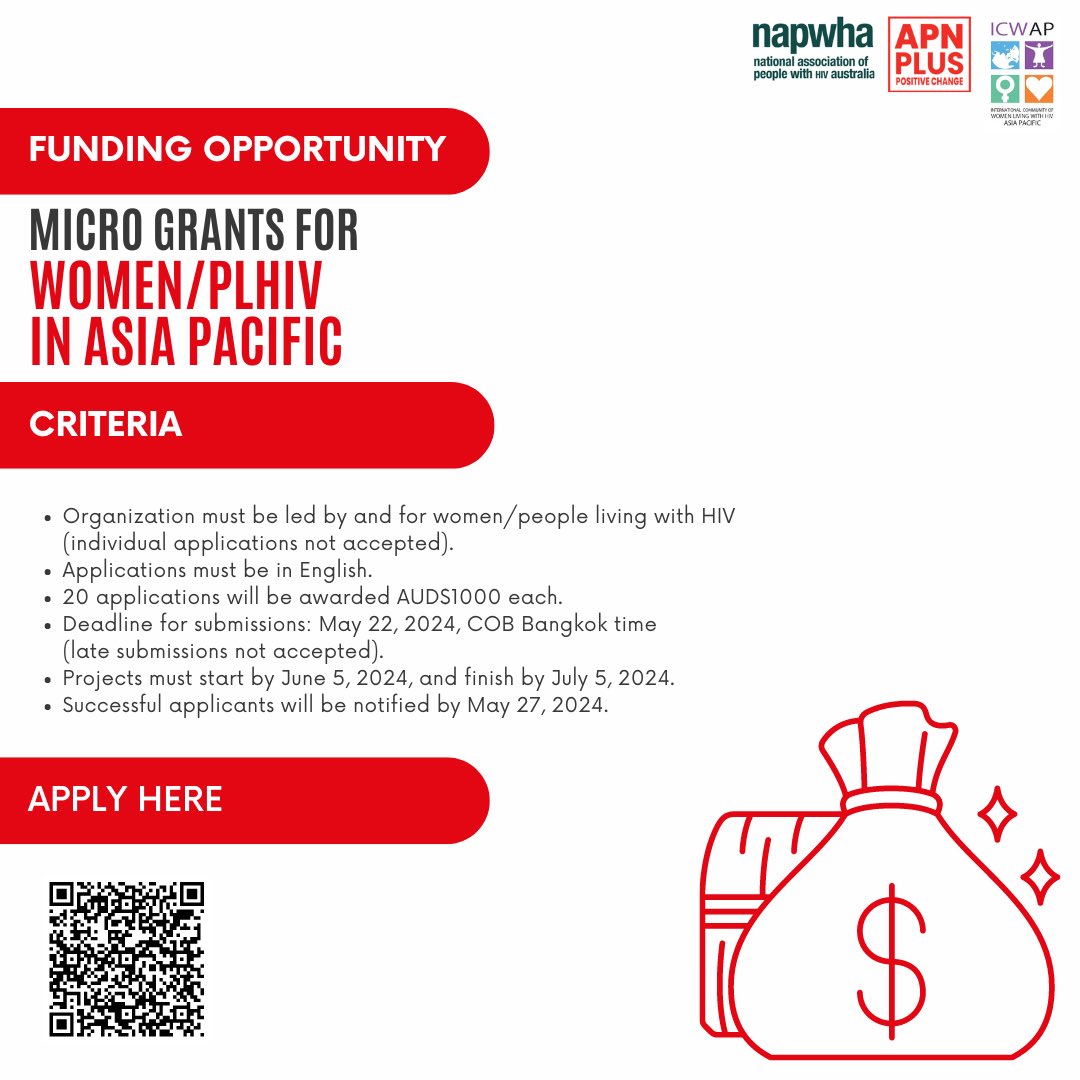 APN+, ICWAP, and NAPWHA invite women/PLHIV-led organizations in Asia Pacific to apply. Supported by Science as Art, Brisbane 2023, and ViiV Healthcare. Apply by May 22, 2024 through this link tinyurl.com/Info-MGI-AP-20… #MicroGrants #APN+ #ICWAP