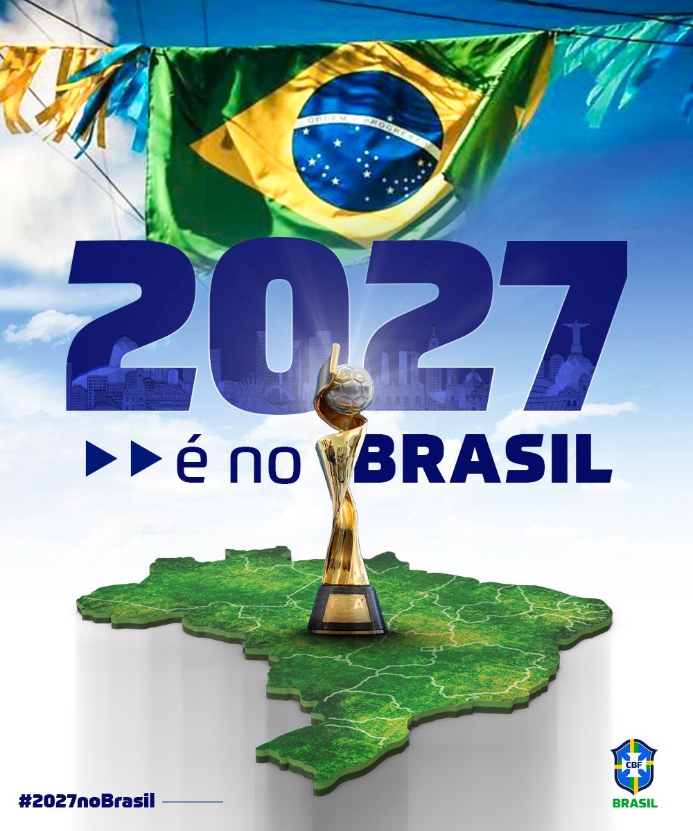 2027 É NO BRASIL! 🇧🇷 É oficial: O Brasil irá sediar a Copa do Mundo Feminina FIFA 2027! Que honra! Vamos juntos nessa! 💚💛 #2027noBrasil