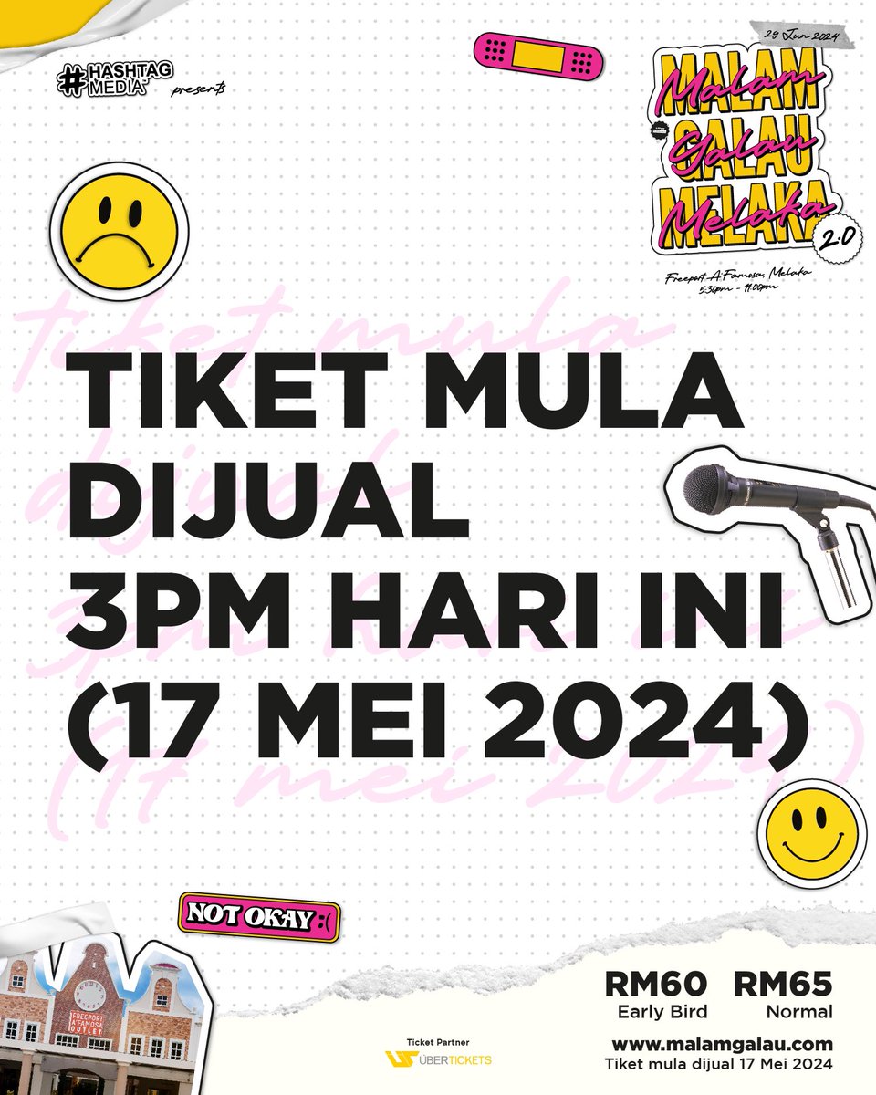 Tiket #MalamGalauMelaka 2.0 yang akan berlangsung 29 Jun ini di Freeport A’Famosa, Melaka akan mula dijual pada hari ini jam 3 petang! Terbuka kepada semua! Hanya 500 tiket terawal akan dapat harga early bird iaitu RM60 & RM65 untuk general admission 👉🏻 malamgalau.com