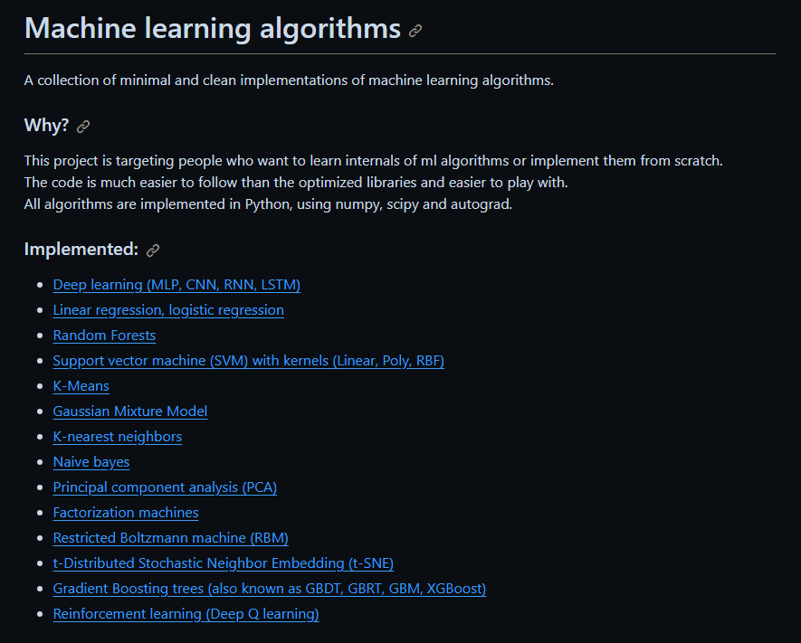 👉 Machine Learning Algorithms

A collection of minimal and clean implementations of machine learning algorithms. This repo is targeting people who want to learn internals of ml algorithms or implement them from scratch.

🔗 github.com/rushter/MLAlgo…