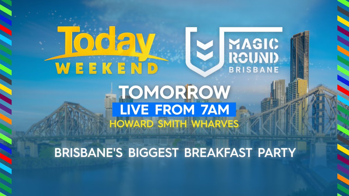 Weekend Today will be broadcasting LIVE from Howard Smith Wharves this Saturday 18th of May for NRL's Magic Round! 🤩🤩 Come and join us from 7am for FREE breakfast and coffee, with NRL legends joining us LIVE. #9Today