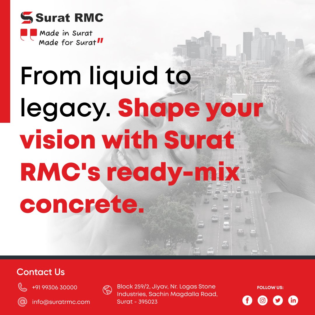 Transform your projects from liquid to legacy with Surat RMC's premium ready-mix concrete. Shape your vision and build a lasting foundation for the future. #SuratRMC #ReadyMixConcrete #BuildToLast #ConstructionInnovation #ShapeYourVision