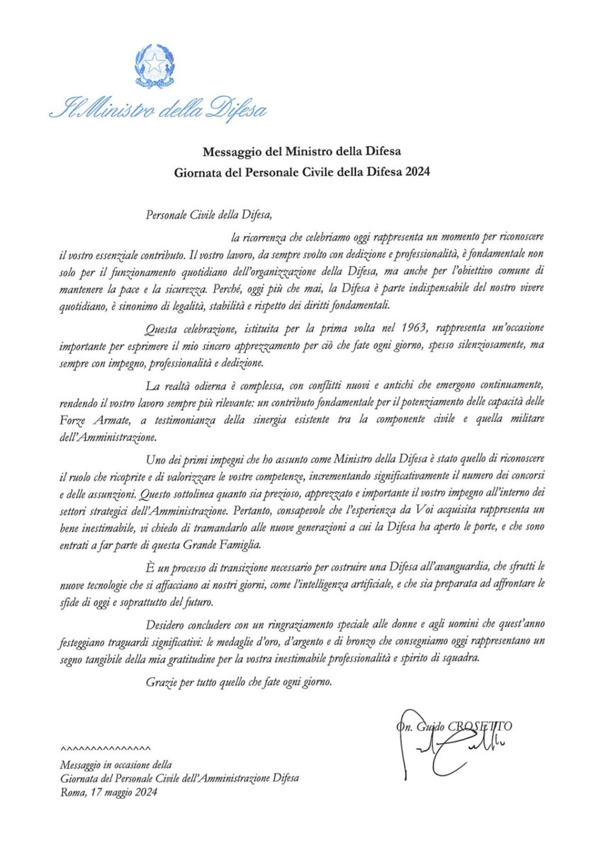 #17maggio Il messaggio del Ministro @GuidoCrosetto in occasione della #Giornata del Personale #Civile della #Difesa 2024