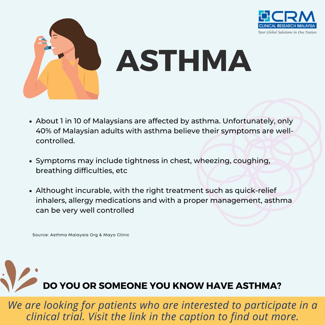 We are looking for patients with asthma condition. Visit the link below if you are interested to partake in our clinical trial!

clinicalresearch.my/condition/asth…

#findaclinicaltrial #clinicalresearchmy #asthma