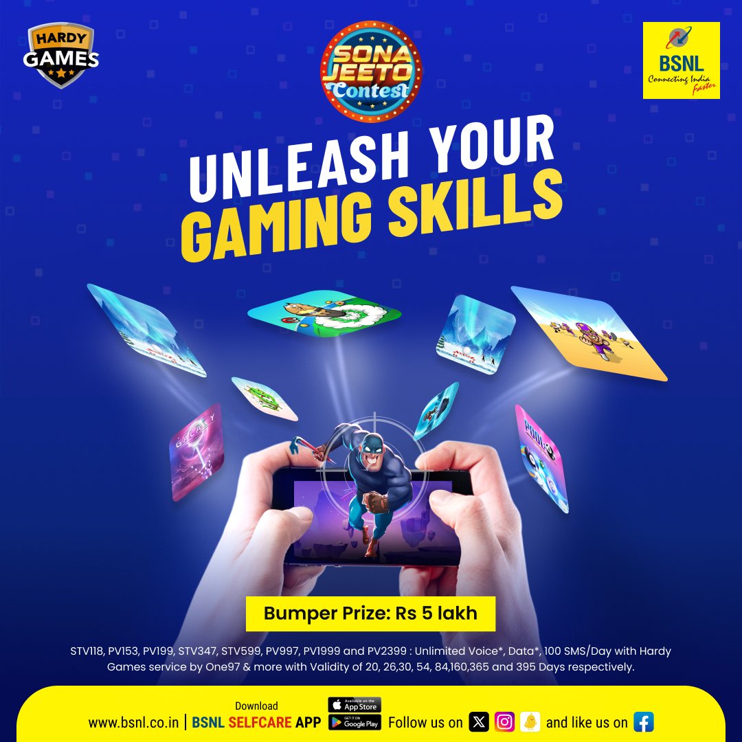 Turn your gaming passion into big winnings! Play on #HardyGames and stand a chance to win ₹5 Lakh with select #BSNL prepaid plans. Download #BSNLSelfcareApp Google Play: bit.ly/3H28Poa App Store: apple.co/3oya6xa #BSNLOnTheGo #DownloadNow #BumperPrize