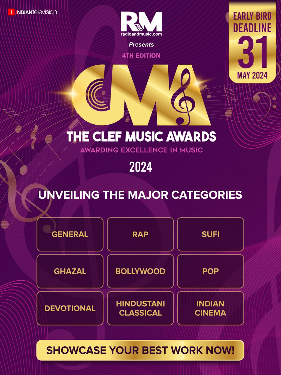 Unveiling the Symphony of Excellence: Categories Revealed for Clef Music Awards 2024! @radioandmusic | Early Bird Deadline 31 May 2024 | Submit Your Entries: events.indiantelevision.com/the-clef-music… For More Info: radioandmusic.com/cma-2024/ #CMA2024 #ClefMusicAwards2024