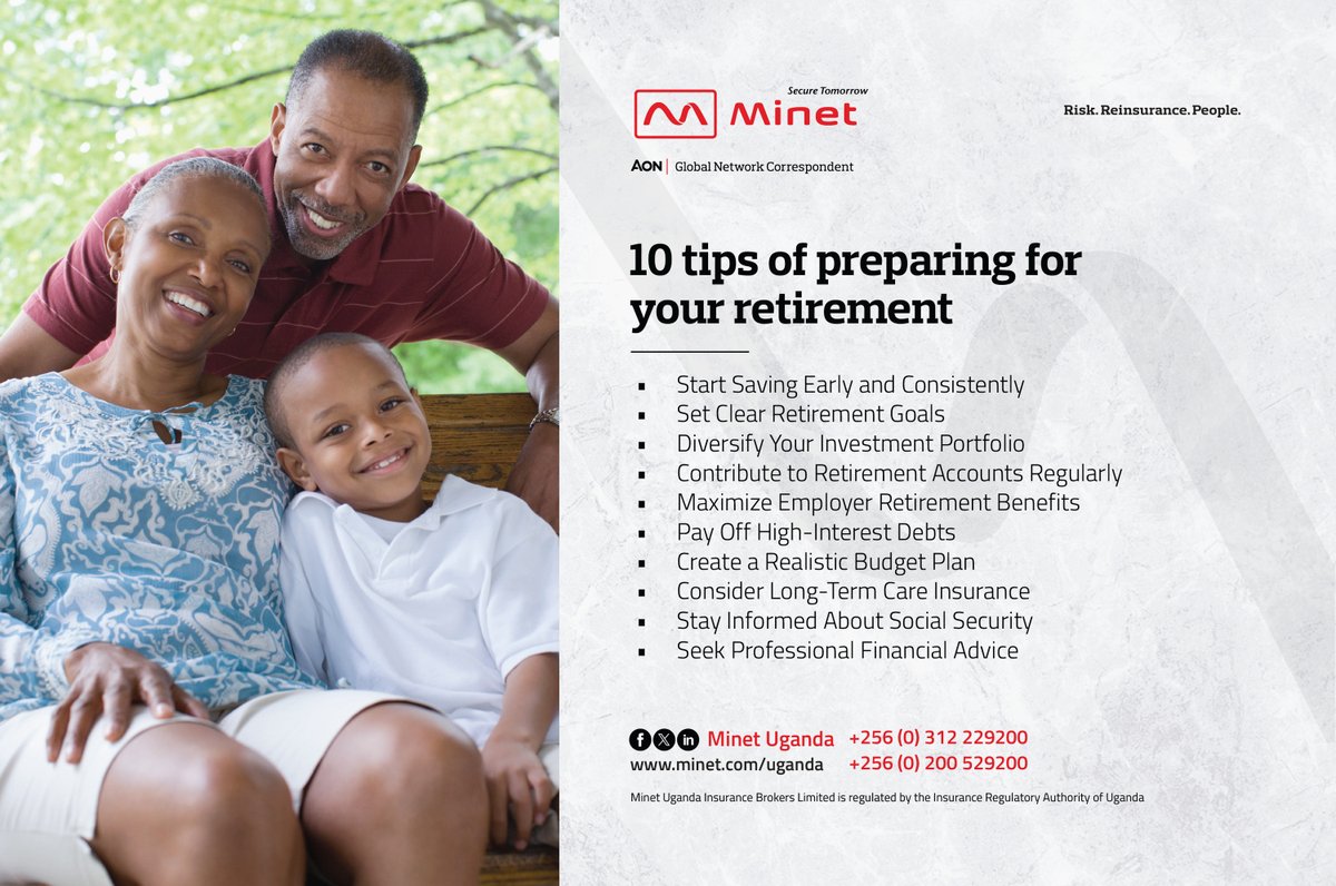 Minet Uganda - 10 tips of preparing for retirement To talk about your retirement, contact us on: +256-312-229-200 or +256-200-529-200 Or send us an email at info@minet.co.ug #MinetUganda