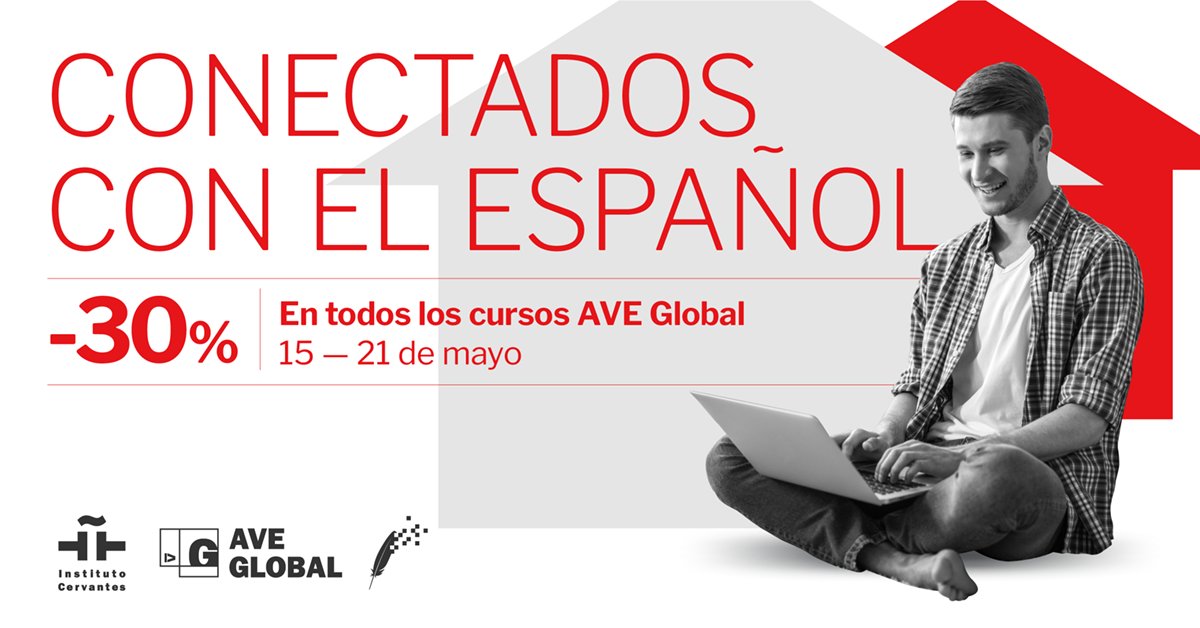 Hoy, 17 de mayo, celebramos el #DíaMundialdeInternet.
¡Conéctate con millones de hablantes de español! 
Aprovecha el 30 % de descuento que te ofrecemos en todos los cursos de #español en línea #AVEGlobal: de 75 € a 52,50 € ➡ icerv.es/Z4n
#InstitutoCervantesenlínea