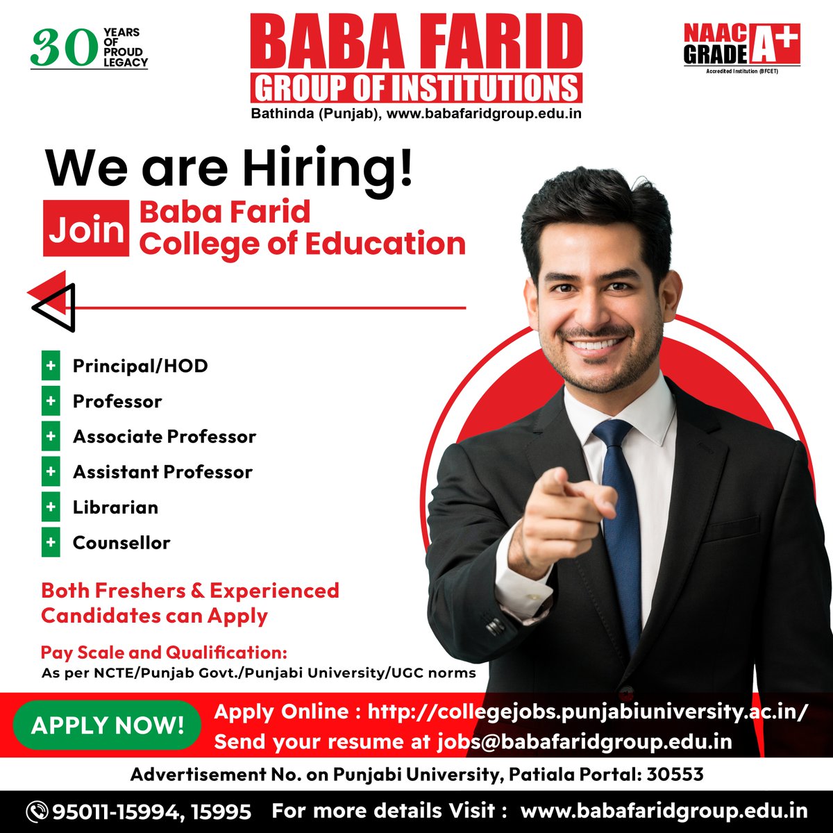 Calling all educators!  Baba Farid College of Education is hiring!  Apply online by May 21st: faculty.learnpunjabi.org/JobPortal/ (Advt. No. 30553) & share resume: jobs@babafaridgroup.edu.in #BFGI #Education #TeachingJobs #JobOpening #Bathinda #Punjab #India