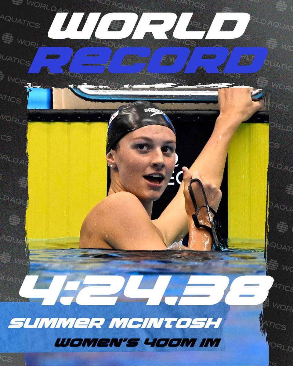 🚨WOOOOOORLD RECORD🚨 🇨🇦 Summer McIntosh lowers the women’s 400m IM WR, setting a new fastest time of 4:24.38 at the Canadian Olympic Trials for #Paris2024 🤯 #swimming