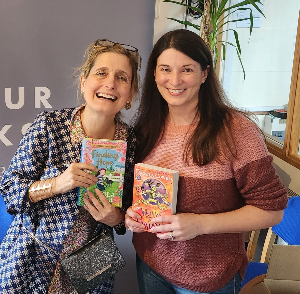 Huge thanks to <a href="/CressidaCowell/">Cressida Cowell</a> for her time yesterday with us. 3x schools in person and another 40 watched virtually at our hybrid event. And a surprise visit from fellow author and superfan <a href="/mrsnicolabaker/">Nicola Baker</a> 
Thanks to <a href="/PearsonKaris/">Karis Pearson</a> for help with the bucket load of book orders.