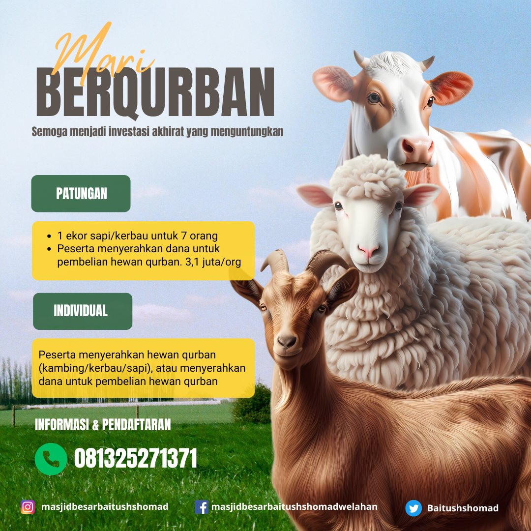 Mari Berqurban di Masjid Besar Baitush Shomad Welahan. Semoga menjadi investasi akhirat yang menguntungkan.
#quran #islam #qurban #muslim #qurban2024 #sunnah #islamic #muslimah #allahuakbar #deen #jepara #islam