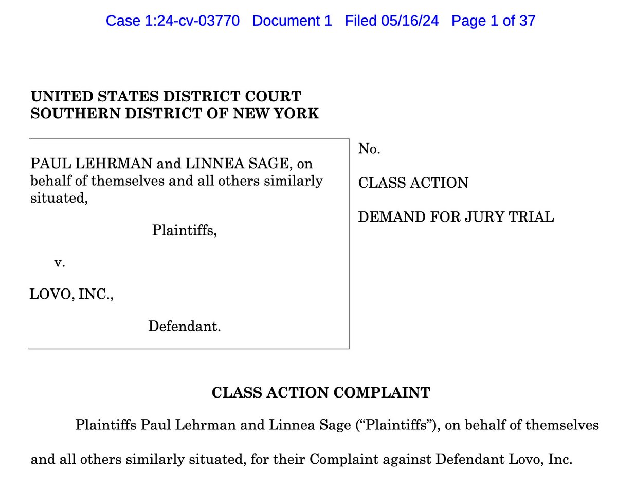 First class action lawsuit against an AI voice cloning company in Lehrman v LOVO. Interestingly, not an IP case, it's civil rights, false advertising, fraud, unjustified enrichment, etc. pollockcohen.com/docs/2024.05.1…