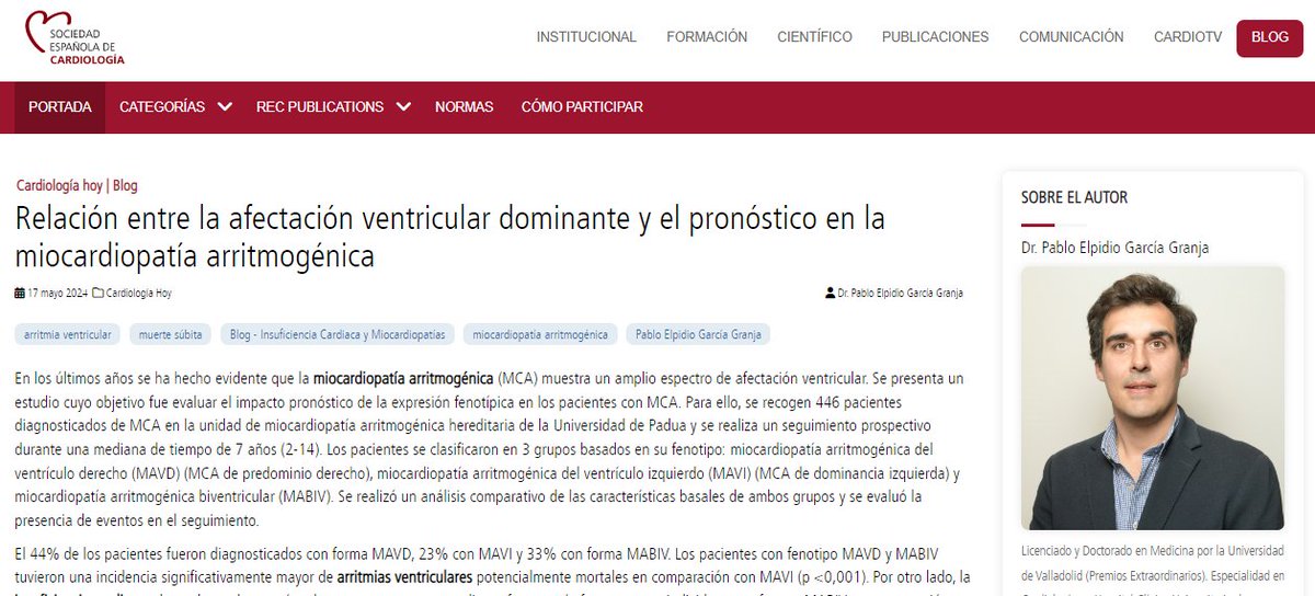 'Un fenotipo específico de miocardiopatía arritmogénica podría proporcionar información para predecir el pronóstico de los pacientes', señala @pabloelpidio88. #BlogSEC @JovenesSec ow.ly/iJuc50RJqB3