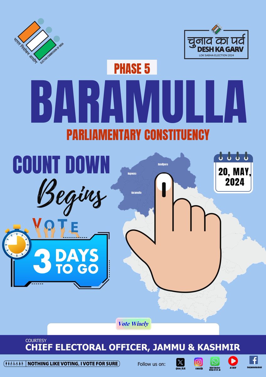 ceo_UTJK's tweet image. The #CountdownBegins! Make your voice heard, mark your calendars, &amp;amp; let's shape the future together!  #Election2024 #PhaseV 

 @ECISVEEP  @SpokespersonECI
@diprjk @airnewsalerts
#LokSabhaElections2024 #NoVoterToBeLeftBehind #countdownbegins #ChunavKaParv #DeshKaGarv #theyouthofjk