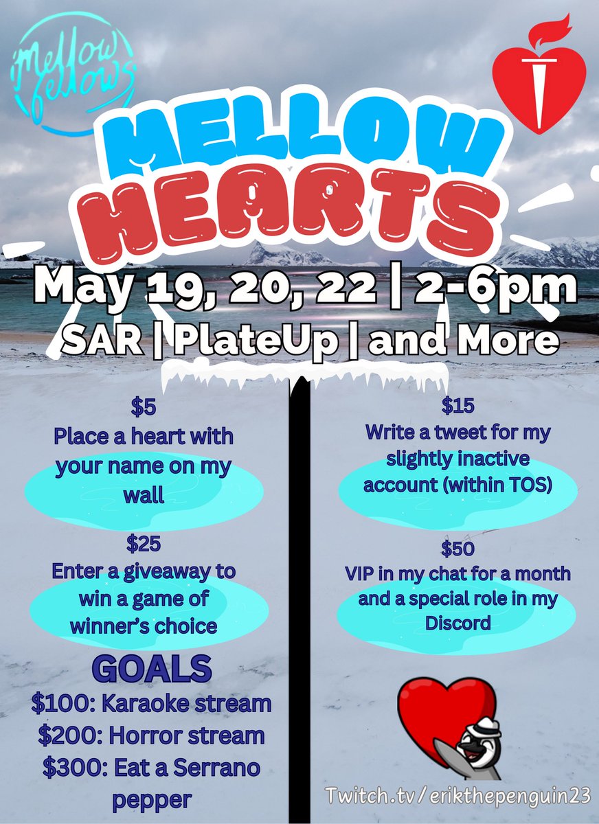 Erik (@erikthepenguin1) on Twitter photo I am taking part in the <a href="/mellowfellowstv/">Mellow Fellows</a> charity event for the American Heart Association! Come catch my streams on the days provided to chat and have a good time for a good cause!
Twitch.tv/erikthepenguin… I am taking part in the <a href="/mellowfellowstv/">Mellow Fellows</a> charity event for the American Heart Association! Come catch my streams on the days provided to chat and have a good time for a good cause!
Twitch.tv/erikthepenguin…