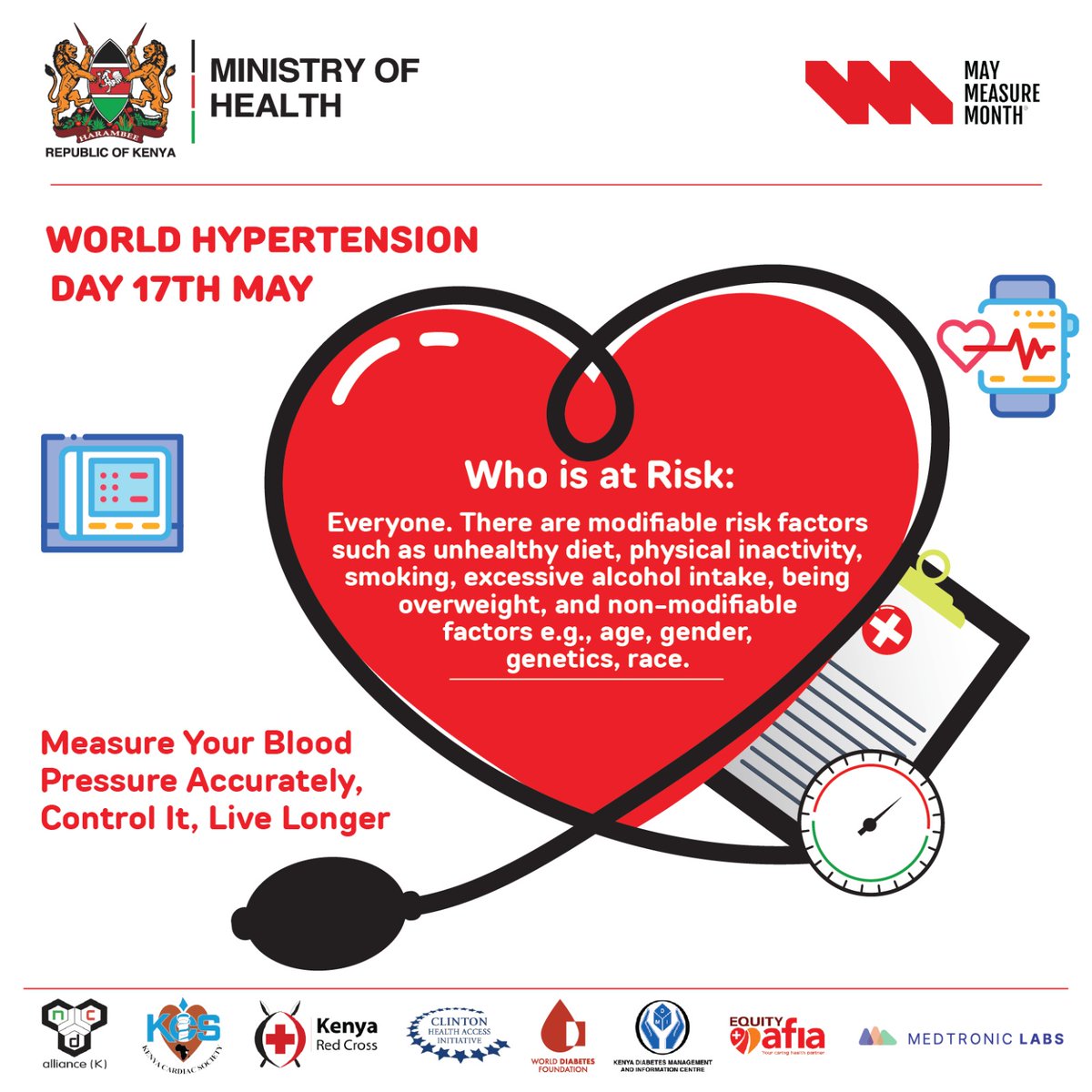 #hypertension or high blood pressure means that your blood is flowing at a higher pressure, which is not normal. On this #worldhypertensionday measure Your Blood Pressure Accurately, Control It, Live Longer! @NCDAllianceKe @eancdalliance @MOH_Kenya @DialogueHealth @AfricanNCDsNet