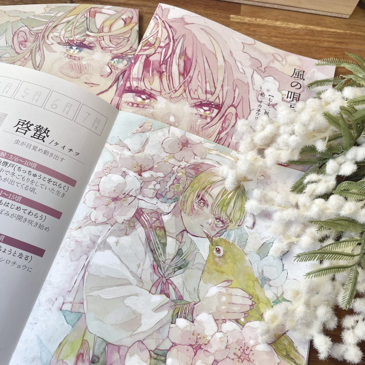 💐 デザフェス59 両日【F27】💐
■新刊「風の唄を聴く・上」 ¥1000

B5 20p フルカラー
「七十二候」をテーマにした春夏編です。
描き下ろしも編集もめちゃくちゃ大変だったのでぜひ見てほしい…!

新刊セット(¥2000)もあります◎ 