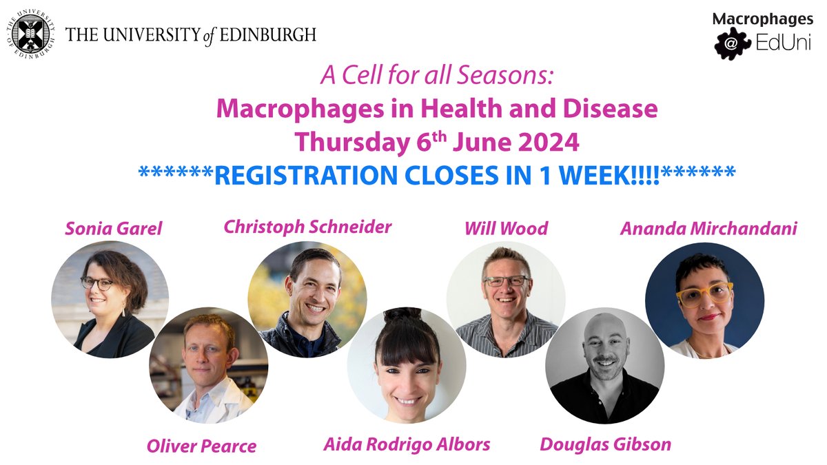 🚨 REGISTRATION DEADLINE APPROACHING One week left to register to @MacEdiUni 2024 symposium. Great line up of speakers, flash talks, prizes & all in beautiful Edinburgh. Full reg details: ed.ac.uk/inflammation-r… @britsocimm @socmucimm