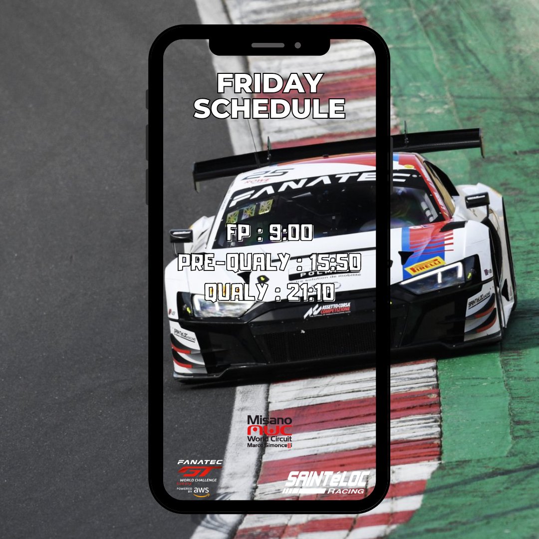 Hello Misano, 🇮🇹 Let's go for the first day of the second round of the Fanatec GT World Challenge in Sprint! Below is the entire schedule for the day. Live link: gt-world-challenge-europe.com/watch-live #GT3 #GTWorldChEU #FanatecGT #PoweredByMotul