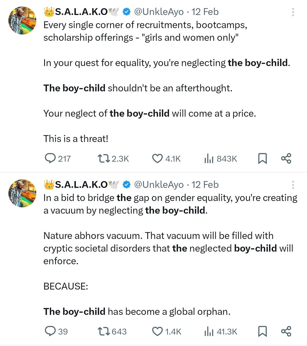 "What are you doing for the boychild?" You're a fool. 
"You too celebrate them yourself" You're a fool. 
"Is Tunde not your mate?" You're a fool. 
"Why are you gaslighting women to speak for the boychild? You're a fool. 

My callouts yesterday were intentionally targeted at