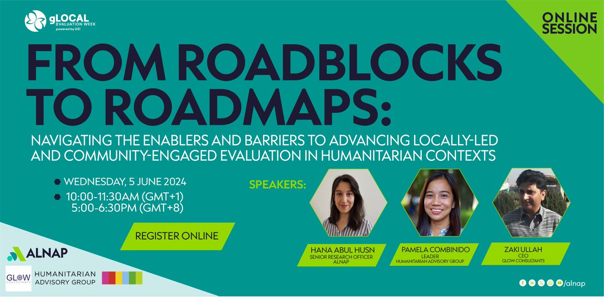 📢Book your spot at our @GEI_GlobalEval's #GLOCAL2024 session: From Roadblocks to Roadmaps with @HumAdGrp & @glowconsultants 🗓️June 5 🕰️10AM GMT+1/5PM GMT+8 🔗gLOCAL: bit.ly/3QKHr2S 🔗ALNAP: bit.ly/3UCnPiR