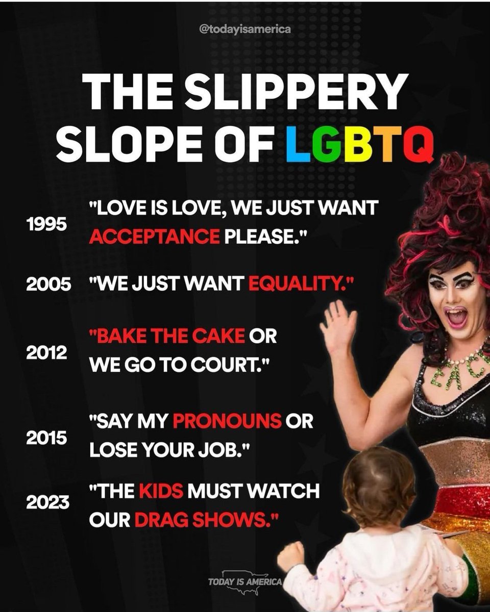 @DonaldTNews Slippery slope of tolerance has led us to the point where supporters of LGBTQ want to normalize pedophilia, gender transition, & grooming of children. The Adult mind is not fully developed for rational thought until age 21-25. This is CHILD ABUSE!