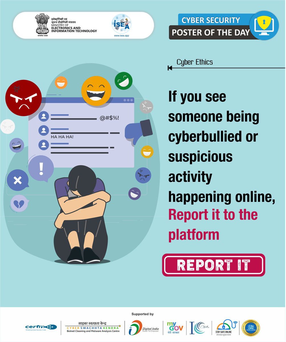 Report the bully to online platforms. Let's make the internet a safer place together
#Cyberbullying #onlinebully #hatechat #revange #socialmedia
#ISEA #DigitalNaagrik #CyberSecurity #MEITY