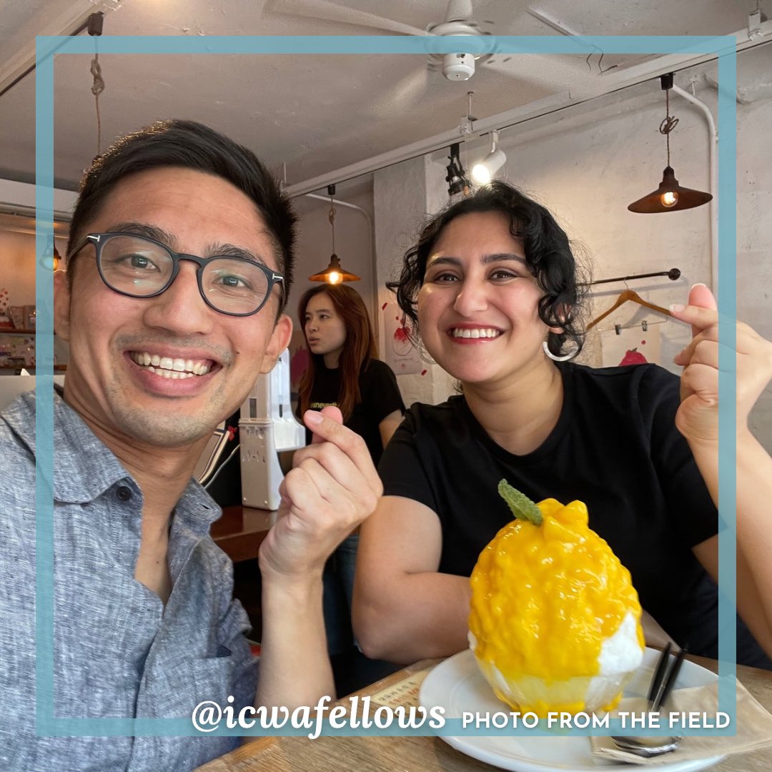 Levinson fellow Prachi Vidwans shows @steventagle around the Mangwon-dong neighborhood in Seoul, which has a traditional market and dozens of cute cafes. The two are posing at a bingsu ice flake cafe, flashing the mini heart hand gesture popularized in South Korea.