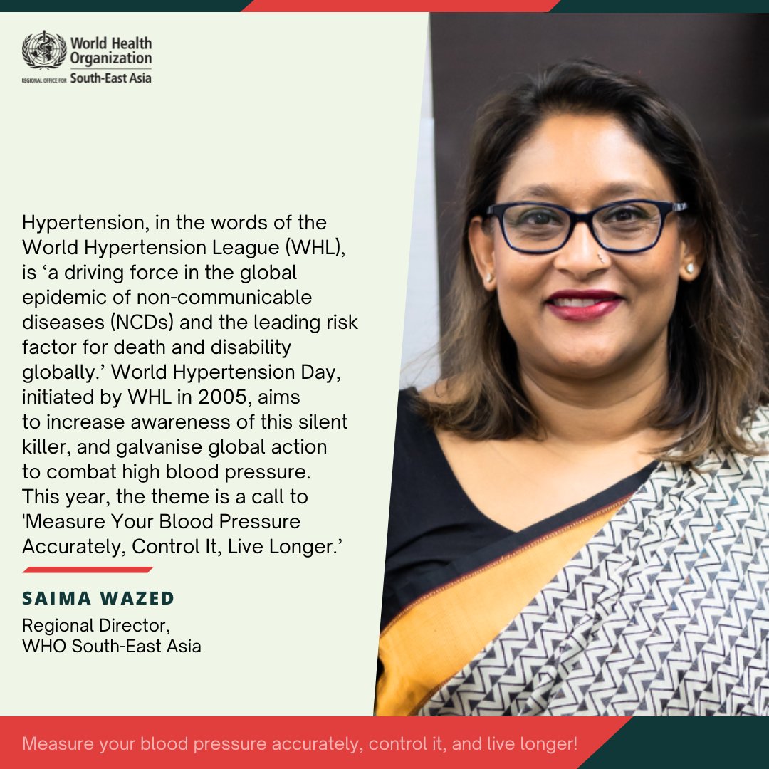 On #WorldHypertensionDay, @drSaimaWazed, Regional Director, emphasizes raising awareness of the silent killer, #hypertension, and urges global 🌏 action to combat high blood pressure. #beatNCDs 🔗: bit.ly/hypertensionSE…