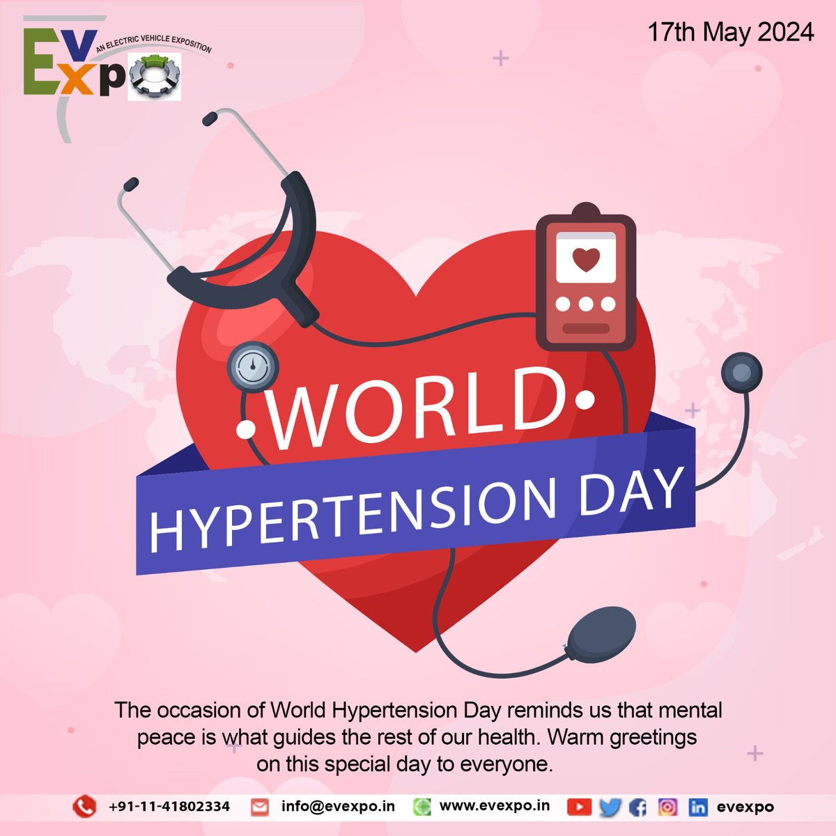 Happy World Hypertension Day from EvExpo! 🌍 Let's raise awareness about hypertension and the importance of regular blood pressure checks. Maintaining a healthy lifestyle is key—exercise regularly, eat a balanced diet, and manage stress. #hypertensionday #HealthyHeart #heart