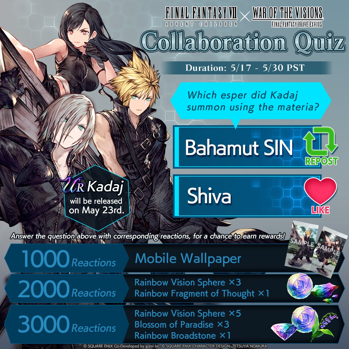 ／
✨#FFVIIAC x #WOTVFFBE
Collaboration Quiz Campaign✨
＼
Answer the question with reactions/like/repost/comment!
Earn mobile wallpaper and in-game rewards, based on the total number of interactions across all social media platforms!