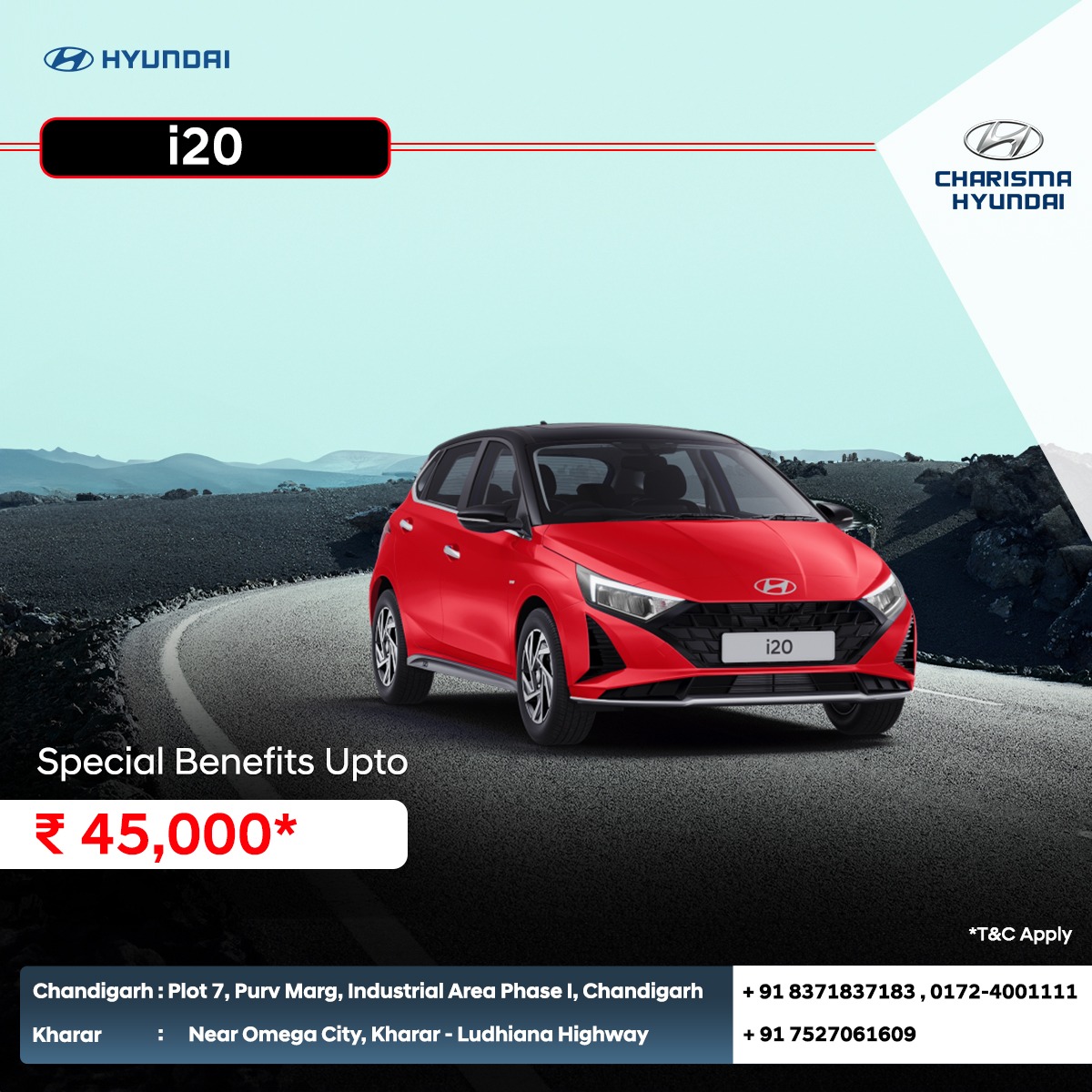 Discover the all-new Hyundai i20 – where innovation meets style!  With its dynamic design and cutting-edge features, the Hyundai i20 is ready to make every drive extraordinary.
Book your test drive now! Call - +91 8371837183, 0172-4001111

#CharismaHyundai #Hyundai #HyundaiIndia