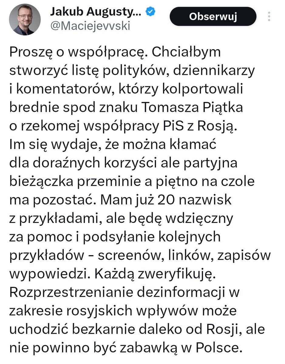 Pracownik dotowanego przez rząd #PiS tygodnika, który po inwazji Rosji na Ukrainę opublikował wywiad z rosyjskim ambasadorem, spisuje listę proskrypcyjną dziennikarzy, którzy piętnowali związki PiS z Rosją. Dla uproszczenia procedowania ww. listę powinien spisać cyrylicą