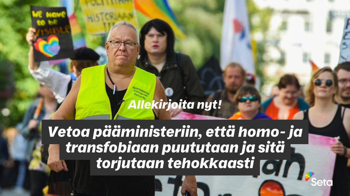 Homo- ja transfobia on äärimmäisen vaarallista! Viha, häirintä ja ennakkoluulot ovat lisääntyneet. Hallitus on vastuussa sateenkaari-ihmisiin kohdistuvaan vihapuheeseen ja viharikoksiin puuttumisessa! Vetoa kanssamme!
🖊️seta.fi/vetoomus-vihat…
#idahobit #homofobia #transfobia