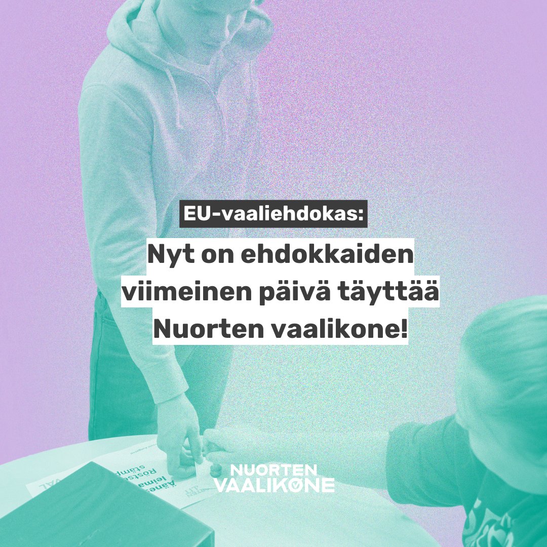 EU-vaaliehdokas: Vaalikoneen vastausaika umpeutuu!

Olemme lähettäneet kaikille rekisteröidyille puolueille linkin, jonka avulla ehdokkaat pääsevät Nuorten vaalikoneeseen. Kysy linkkiä omalta puolueeltasi jos et ole sitä vielä saanut!

#nuortenvaalikone #käytäääntäsi