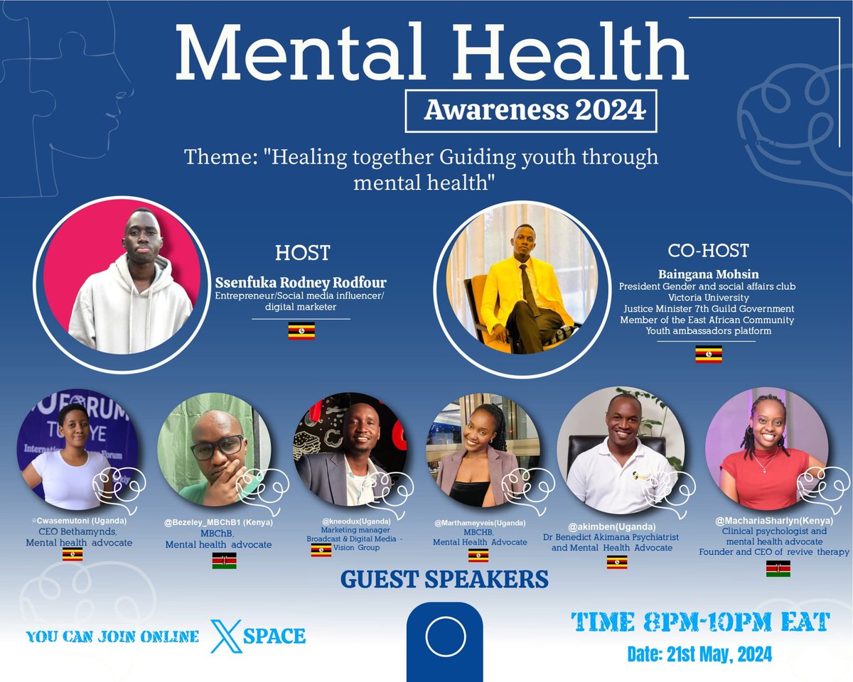 Join me in guiding youth through their mental health journey on (21st May,2024 8:00pm EAT). Together, we can create a supportive space where young people can find the help they need & feel understood. Let's break the stigma and prioritize mental well-being.
#MentalHealthAwareness