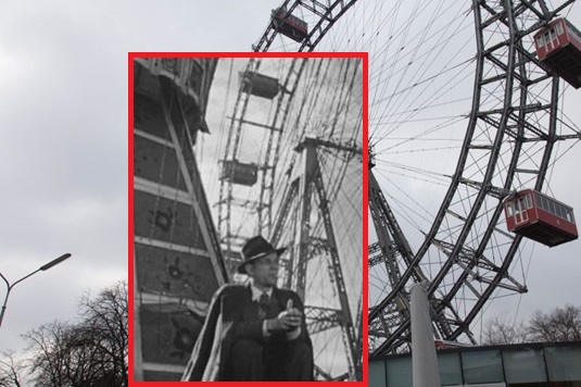 Joseph Cotton waits for 'The Third Man' near the Wiener Riesenrad at Prater amusement park in Leopoldstadt, the 2nd district of Vienna.