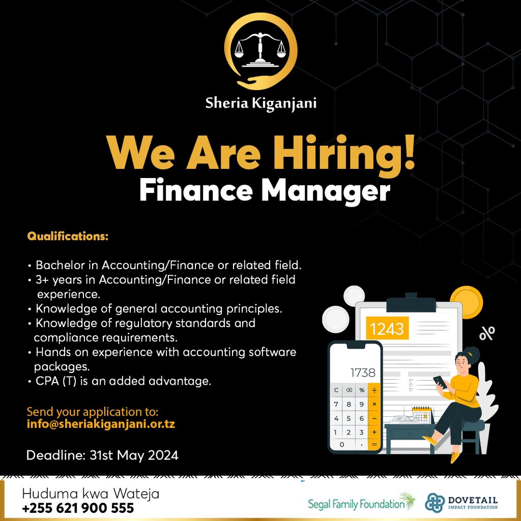 We are happy to announce a job opportunity. Position: Finance Manager. If you believe to be a right fit, you are encouraged to apply before the deadline. #sheriakiganjani #legalgurus #legaltech #justlers #jobopportunity #financemanager #menejawafedha #applynow