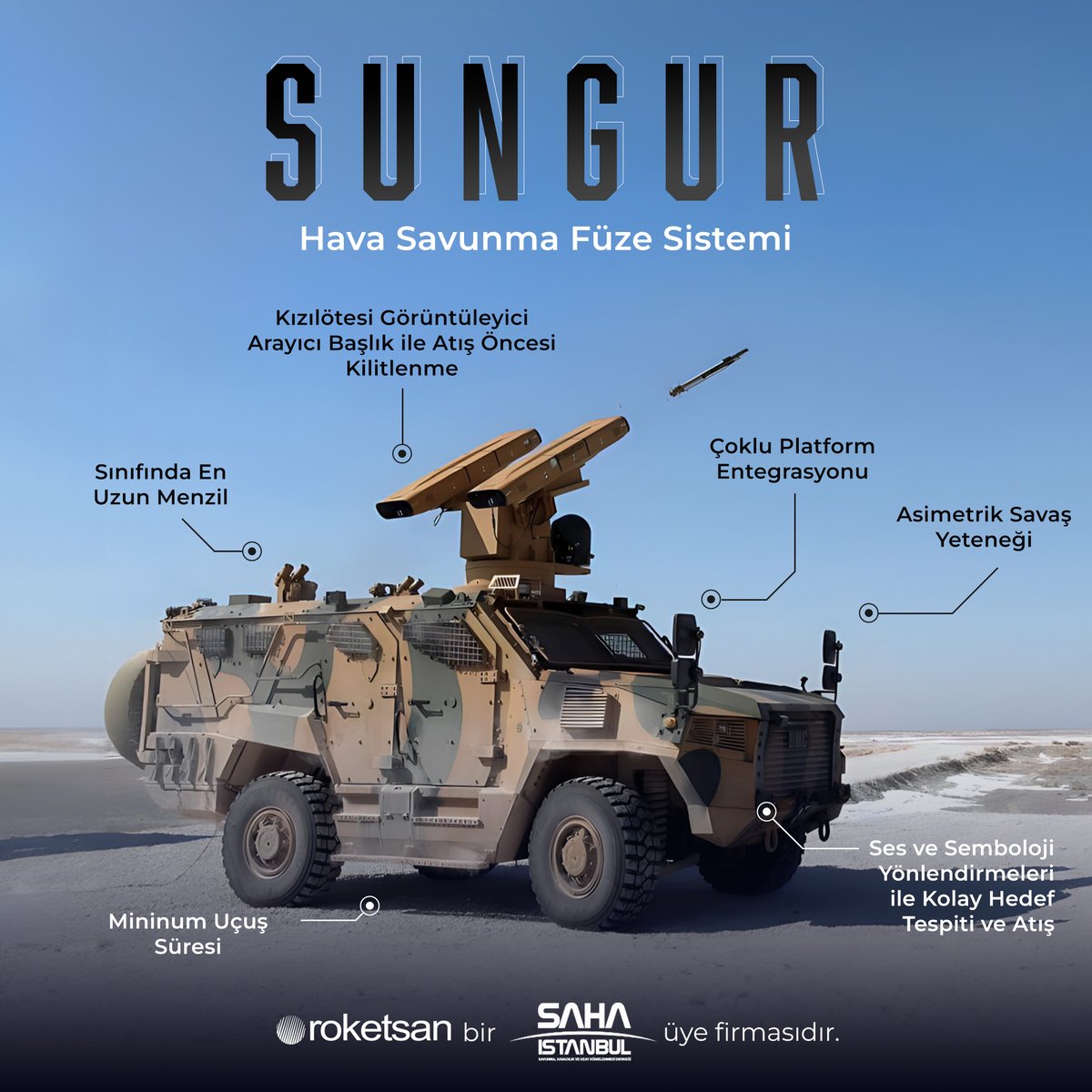 Roketsan tarafından geliştirilen: SUNGUR 💢 Çoklu platform entegrasyonu 💢 Asimetrik savaş yeteneği 💢 Sınıfında en uzun menzil @roketsan